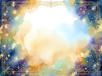 Ornate golden frame with watercolor gradient background featuring soft yellow, blue, and purple tones, isolated on white for design projects like invitations, posters, and digital artwork.