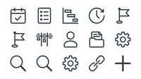 Business productivity line icons set featuring calendar, checklist, documents, timer, flags, user profile, folder, settings gear, search magnification, link chain and plus symbols for web interface design.