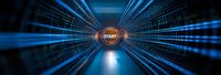 Glowing start button in futuristic digital tunnel with blue light streaks and binary code pattern, dynamic perspective view for technology concept background.