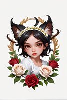 Young Asian woman with cat ears and floral crown surrounded by red and pink roses, golden leaves frame composition on light background. Stylized fantasy portrait.