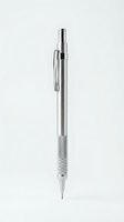 Silver mechanical pencil with textured grip isolated on white background for office supplies and stationery design projects.