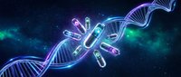 DNA double helix with glowing capsules and pills floating in cosmic space background for medical research and pharmaceutical innovation concepts.