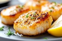 Pan-seared sea scallops with golden-brown crust, fresh herbs and black pepper seasoning served on gray plate with lemon wedge garnish for seafood menu.