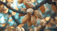 Cluster of ripe almonds on tree branch with soft bokeh background in turquoise and golden tones, macro nature photography showing detailed nutshell texture.