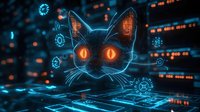 Digital cat with glowing orange eyes against futuristic technology background with data servers and holographic interface elements.