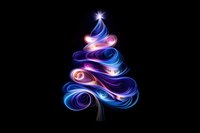 Glowing abstract Christmas tree with swirling blue and pink neon light trails against black background, modern festive design for holiday decorations and cards.