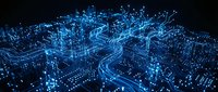Digital city network with glowing blue light trails and data connections flowing through urban infrastructure, representing smart city technology and IoT connectivity.