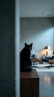 Black cat with green eyes sitting on wooden furniture in a modern living room with concrete walls and warm ambient lighting.