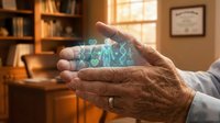 Senior hands holding glowing digital healthcare icons in warm home office setting representing telemedicine and modern medical technology solutions.
