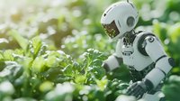Futuristic white robot exploring green plants in garden setting, examining leaves with mechanical hands against natural sunlit background. Concept of AI in agriculture.