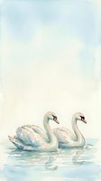 Two elegant swans glide gracefully across calm water in this serene watercolor composition. Soft pastel tones of blue, cream, and white create a tranquil atmosphere. Use for wellness, nature, and lifestyle designs.