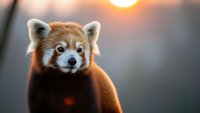 Adorable red panda with fluffy fur and expressive eyes during golden hour sunset, wildlife photography for nature and animal lovers content.