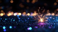 Glowing sparkler on dark glittery surface with colorful bokeh lights creating magical festive atmosphere. Perfect for celebration backgrounds.
