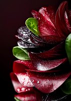Dramatic close-up of dark red rose petals with water droplets against black background, fresh green leaves visible, creating moody and romantic atmosphere.