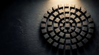Wooden blocks arranged in spiral pattern on dark textured surface creating geometric mandala design for meditation and mindfulness concepts.