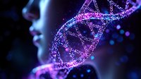 Glowing DNA helix structure in pink and blue neon colors against dark background with blurred female face profile, representing genetic science and biotechnology research.