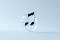 Glossy black musical note symbol in transparent glass sphere on light blue background, representing audio and sound concept for media applications.