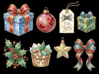 Festive holiday decorations collection featuring wrapped gift boxes, ornaments, holly sprigs, bows, and star accents isolated on transparent background. Ready for t-shirt designs, stickers, clipart, sublimation, and print-on-demand projects.