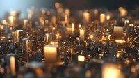 Miniature glowing cityscape with illuminated skyscrapers at dusk, creating magical bokeh effect with warm golden lights and shallow depth of field.