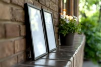 Two black photo frames standing on brick ledge outdoors with blurred garden background and potted flowers creating cozy porch atmosphere.