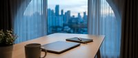 Modern workspace with wooden desk, coffee mug, tablet and smartphone overlooking city skyline through floor-to-ceiling windows with sheer curtains, ideal for business and productivity concepts.