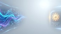 Futuristic weather forecast interface with glowing neon blue wave patterns and digital sun icon displaying temperature data for meteorological applications.