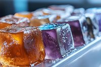 Colorful jelly cubes with water drops and condensation in orange, purple, and blue colors arranged in row on light surface, macro food photography.
