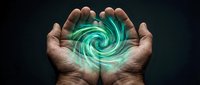 Cupped male hands holding a glowing green teal energy vortex swirl on dark background, symbolizing power, healing, and magic.