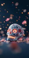 Decorative sugar skull with floral patterns and glowing elements against dark background with bokeh lights and floating petals, celebrating Day of Dead traditions.