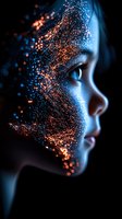Female profile with glowing orange and blue particle effects dissolving across face against dark background, representing digital transformation and artificial intelligence.