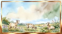 Herd of goats grazing in pastoral meadow landscape with wildflowers, ideal for farm, agriculture, and rural lifestyle designs and educational materials.