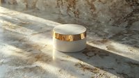 White luxury cosmetic jar with golden lid on marble surface in natural sunlight creating dramatic shadows. Elegant skincare product photography.