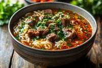 Hearty Asian noodle soup with tender beef chunks, fresh herbs, and vegetables in rich broth served in black ceramic bowl on wooden table. Traditional comfort food.