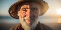 Elderly man with white beard wearing straw hat smiling at sunset, portrait showing wisdom and life experience against golden hour backdrop.