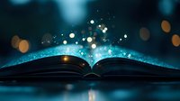 Open magical book with glowing light, sparkles and bokeh effects rising from pages against dark background, creating mystical atmosphere for fantasy and education concepts.