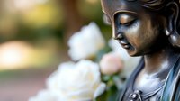 Bronze Buddha statue with serene expression against soft white roses in garden setting, spiritual zen atmosphere creates peaceful meditation mood.