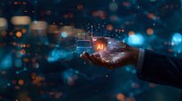 Business professional hand holding glowing AI technology hologram with digital network connections, perfect for artificial intelligence and future innovation concepts.