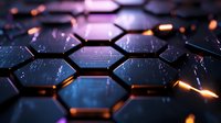 Dark hexagonal pattern with glowing orange light reflections on metallic surface, creating futuristic technology background for digital concepts.