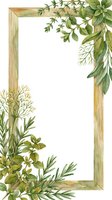 Wooden frame border with botanical foliage arrangement featuring herbs and greenery, suitable for invitations, menus, certificates, and decorative design projects.
