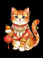 Decorative lucky cat with orange and gold coloring, holding a red lantern and fruit, wearing ornate traditional clothing with floral patterns. Isolated on transparent background, ready for t-shirts, stickers, clipart, sublimation and print-on-demand designs.
