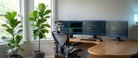 Modern home office workspace with curved wooden desk, ergonomic chair, multiple monitors displaying code, and fiddle leaf fig plants by window.