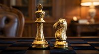 Golden chess pieces king and knight on wooden board in warm library setting with blurred books and lamp creating cozy intellectual atmosphere for strategy games.