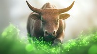 Brown bull with large horns standing in green digital network environment, symbolizing financial growth and stock market bull trends.
