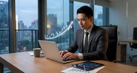 Asian businessman analyzing financial data on laptop with holographic chart display in modern office overlooking city skyline at dusk.