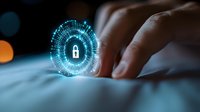 Glowing digital padlock hologram with futuristic circular interface on dark background, finger touching cybersecurity technology display for data protection.