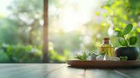 Aromatherapy essential oil bottle with fresh herbs on wooden tray against blurred green garden background, natural wellness and spa concept.