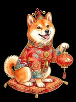 Cute Shiba Inu dog in traditional red festive outfit holding a lantern, sitting on ornate cushion, isolated on transparent background for stickers, t-shirts, clipart.