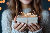 Young woman in cozy sweater holding white gift box with twine bow against blurred bokeh lights background, creating warm holiday atmosphere.