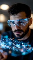 Man wearing futuristic augmented reality glasses with digital holographic display and circuit board patterns, representing virtual technology, artificial intelligence, and digital innovation in modern computing.