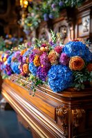 Vibrant floral arrangement with blue hydrangeas, orange roses, and purple flowers adorning ornate wooden casket at funeral service, creating elegant memorial tribute.